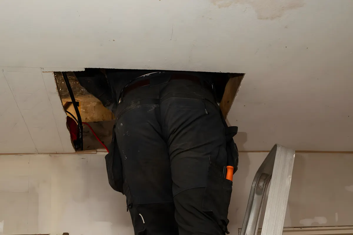 Ventilationstekniker på stege vid en vindslucka under arbete med mekanisk frånluft i Stockholm
